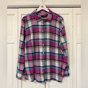 Talbots Multicolor Plaid Button Up Shirt 100% Cotton Modern Contemporary XL